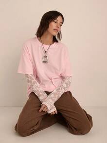 Easelle Women's Color Block Lace Patchwork Crew Neck Long Sleeve T-Shirt Casual Summer Spring Going Out Pink Top - Pink - View 2