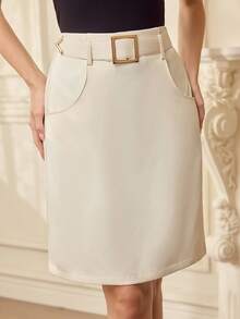 Vintamour Chân váy nữ cổ điển thanh lịch có thắt lưng, túi, màu mơ, thích hợp cho mùa xuân/hè. - Màu be - Xem 3