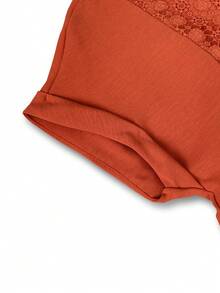 EMERY ROSE Women's Contrast Lace V-Neck Short Sleeve Casual Blouse - Orange - View 4