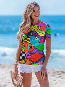 Sylviya 百搭修身休闲简约圆领短袖宽松女式T恤，饰有海洋鱼艺术图案，适合外出、休闲穿着。 - 彩色 - 查看 4