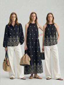 Ontre 女士黑白撞色舒适柔软刺绣A字无袖连衣裙，简约休闲时尚，低调复古高端邮轮服饰，中东极简奢华品质必备单品，商务、通勤、机场等场合皆宜。 - 黑與白 - 查看 7