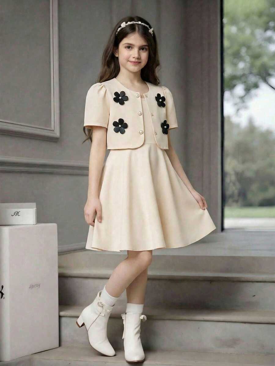 SHEIN 2pcs/Set Tween Girls Spring/Summer New Elegant Woven Textured Floral Decor Cropped Jacket And Woven Camisole Waist Tie Dress Set, Suitable For Daily Wear, Party, Banquet - Apricot - View 1