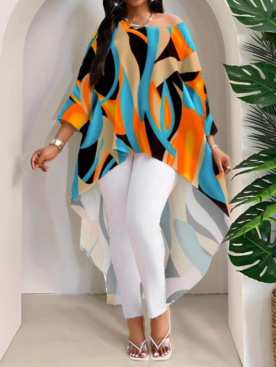 SHEIN Lady 2025春夏新款优雅通勤办公休闲波西米亚风彩色编织圆领高低摆七分袖大码T恤大码衬衫波西米亚风上衣工作上衣沙滩度假优雅女式上衣波西米亚风 - 橘色 - 查看 1