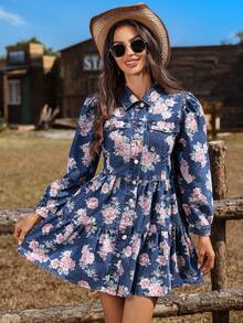 EMERY ROSE Women's Floral Print Single-Breasted Ruffle Casual Denim Dress - Light Wash - View 5