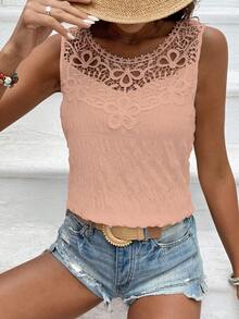 Breezaya Camisa sin mangas de unicolor con parches de encaje, casual para vacaciones - Rosa Pálido - Ver 4