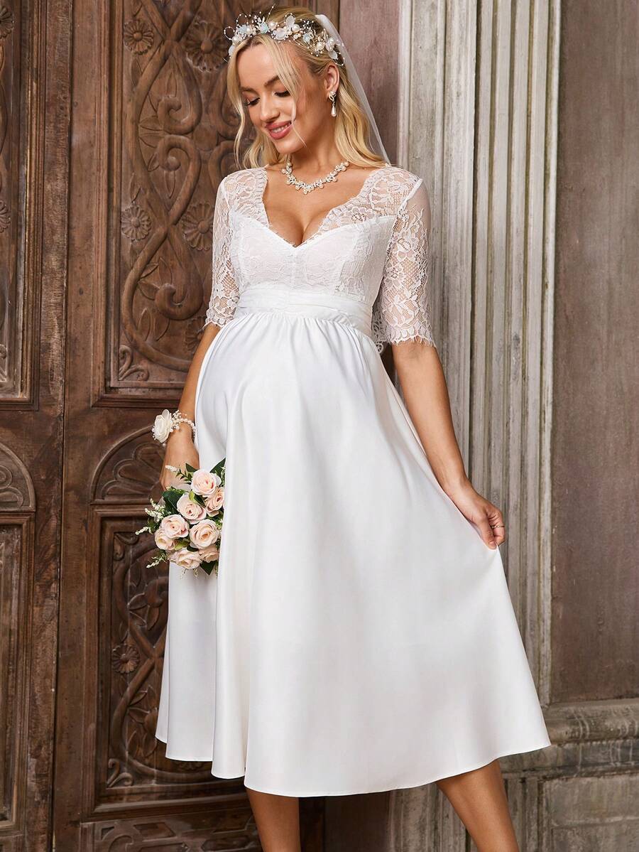 SHEIN 浪漫度假休闲优雅蕾丝喇叭孕妇裙 - 白色 - 查看 1