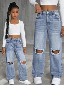 Quần jeans ống đứng màu xanh denim bạc màu, kiểu dáng thường ngày, có rách, dành cho bé gái tuổi teen. - Màu xanh lam - Xem 3