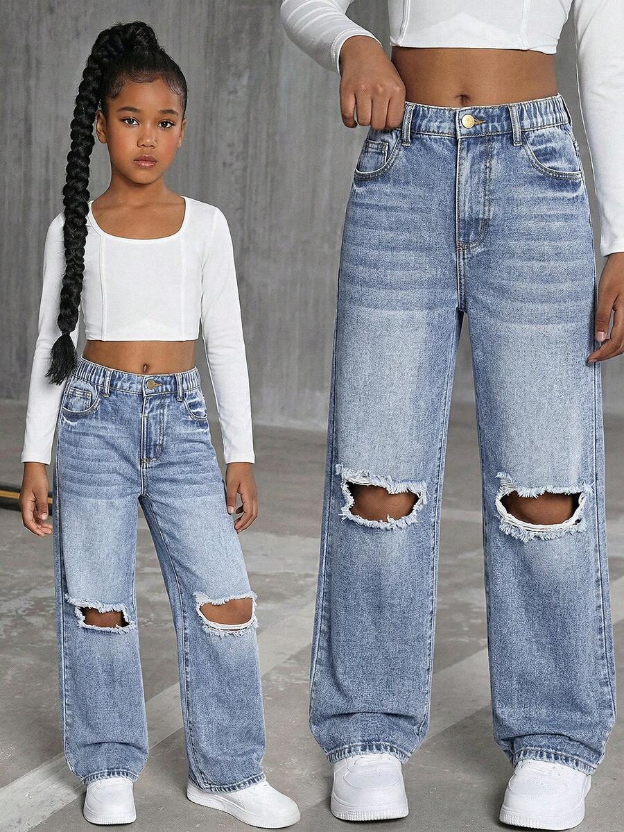 少女休闲复古水洗蓝色直筒破洞牛仔裤 - 藍色 - 查看 1