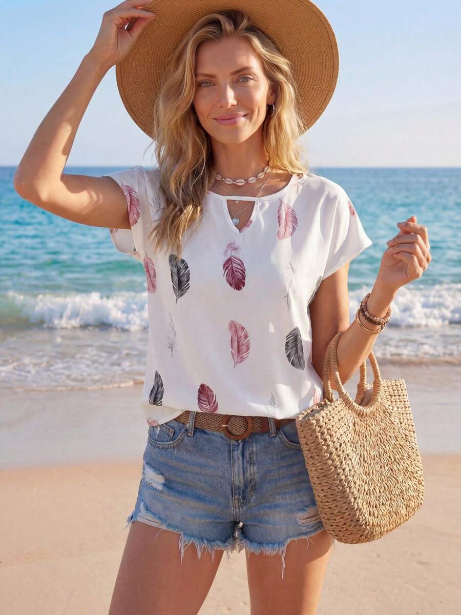 Sylviya 女士休闲羽毛印花镂空领口衬衫，夏季，休闲 - 白色 - 查看 1