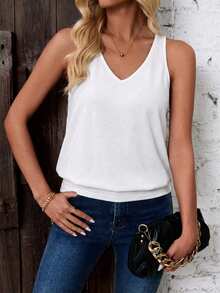 SHEIN LUNE 女士纯色V领休闲百搭背心 - 白色 - 查看 4