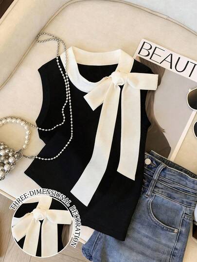 Resyla Women's Colorblock Sleeveless Elegant Bow Decor Knit Top