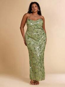 SHEIN BAE Plus Size Women Green Beaded Halter Maxi Dress, Vacation - Green - View 8