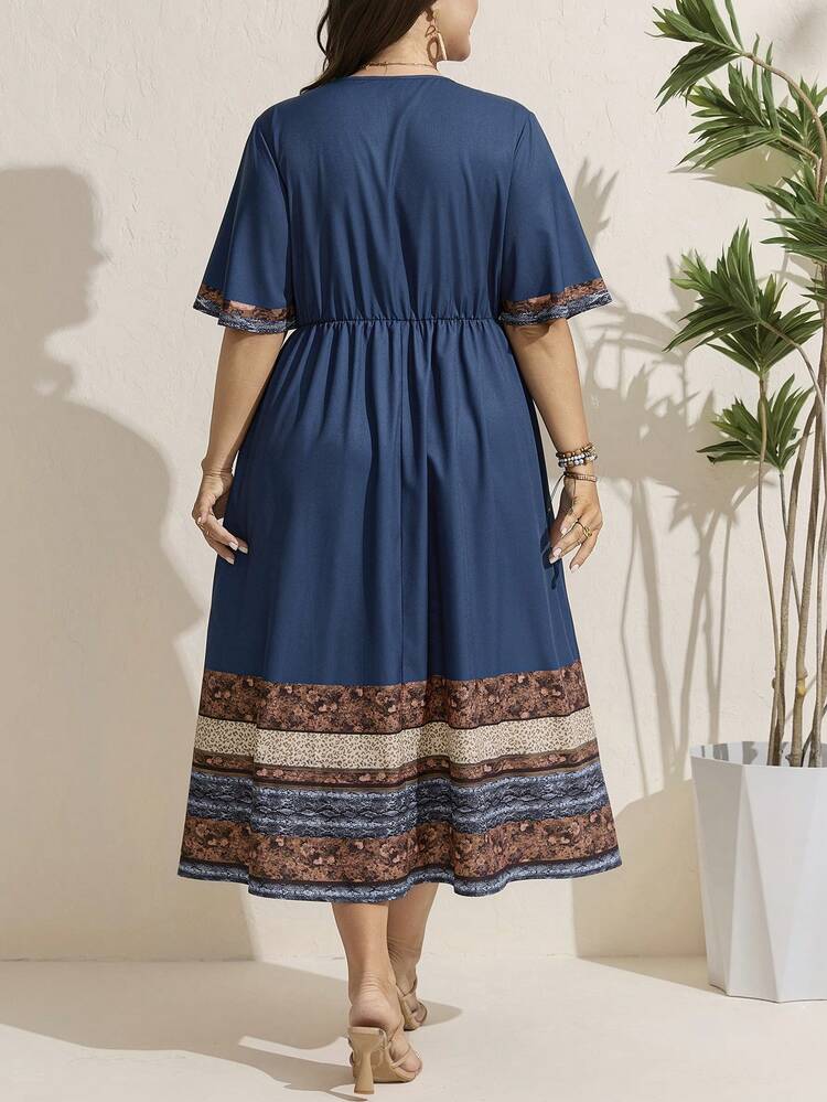 Comfylo Plus-Size Spring Casual Women Summer Id AI-Adha Elegant Women Vacation Blue V-Neck Short-Sleeved Fitted Design With A Waistline And Gathered Glamorous A-Line Hem Modest Maxi Dress - Navy Blue - View 2