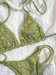 Costavie Set bikini sexy cu 2 piese, sutien triunghiular din material special, cu paiete colorate, și slip de baie cu legături laterale, set bikini sexy, primăvară/vară, model boho, set bikini verde modest, set bikini verde salvie cu legături, seturi două piese pentru femei, costum de baie camuflaj matcha, costum de baie pentru femei, două piese, bikini pentru femei, 2 piese, ținute de vară pentru femei, 2 piese - Verde măsline - Vizualizare 3