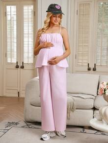 GentleRue Maternity Maternity Striped Camisole Top + Adjustable Waist Pants 2 Pieces Set, Summer, - Pink - View 6