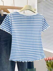 Resyla Women's Ribbed Square Neck Short Sleeve Casual Ribbed T-Shirt - Blue and White - View 2