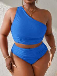 Slaydiva Plus Size Women Summer Beach Solid Color Ruched One-Shoulder Casual Tankini Swimwear Set - Blue - View 4