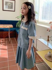 DAZY Tween Girls Denim Set, Children Lace Short Sleeve Top And Denim Skirt 2-Piece Outfit - Blue - View 2