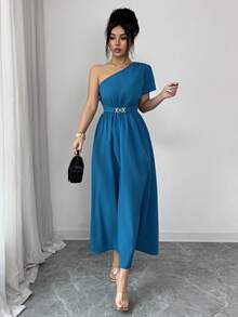 Rafferiza 优雅不对称肩部孔雀蓝连衣裙，金属扣设计，女士休闲连衣裙 - 水鴨藍 - 查看 5