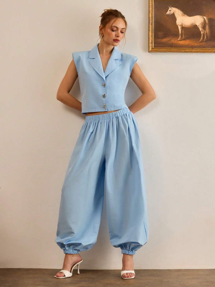 CasuGlow Women, Spring, Summer, Jacket, Sleeveless, Boho, Harem Pant, - Baby Blue - View 1