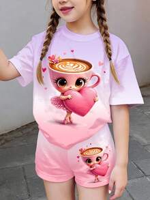 茶杯女孩、茶杯芭蕾舞女孩、卡布奇诺守护者、茶杯头冒险、复古可爱粉色蝴蝶结爱心温柔卡通人物印花、经典山海图案、少女休闲简约短袖短裤两件套，适合夏季穿着、可爱夏季童装、夏季外出服、韩版风格、返校季、轻松舒适又时尚的儿童服装、春夏休闲装、婴幼儿印花上衣、夏季新款、春夏时尚 - 彩色 - 查看 3