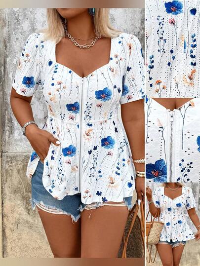 Breezaya Plus Size Elegant Floral Print Sweetheart Neck Zip-Up Blouse, Waist Cinching Minimalist Design, Suitable For Commute, Date, Party, Outing And Vacation Summer Causal Tops Cotton Tops Women Summer