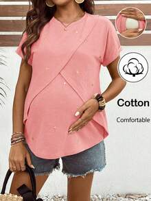 SHEIN Maternity Heart Embroidery Round Neck Short Sleeve Nursing T-Shirt - Pink - View 1
