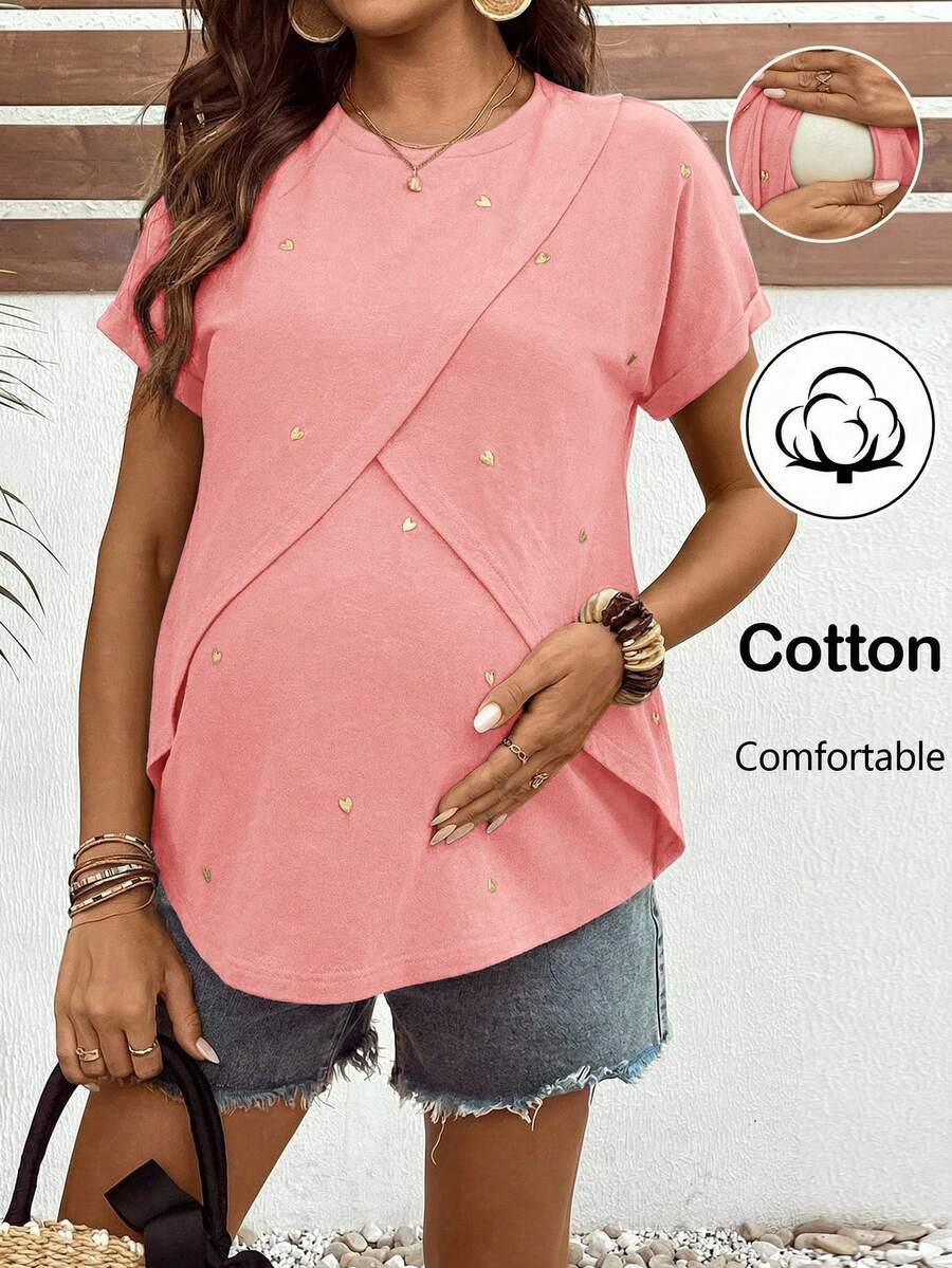 SHEIN Maternity Heart Embroidery Round Neck Short Sleeve Nursing T-Shirt - Pink - View 1