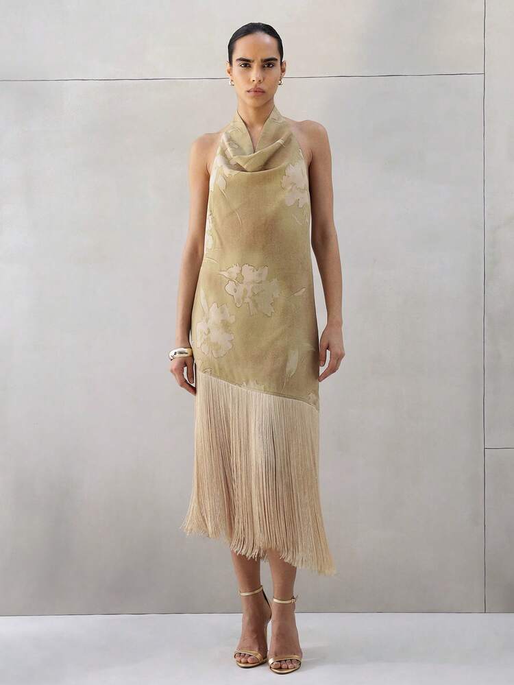 KSTM Women's Floral Halter Neck Sleeveless Midi Dress With Fringe Detail Asymmetrical Cowl Neckline Perfect For Evening Party Occasions