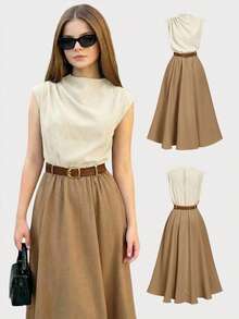 Teen Girl Minimalist Elegant White Mandarin Collar Sleeveless Ruched A-Line Maxi Dress For Daily Commute - Khaki - View 4
