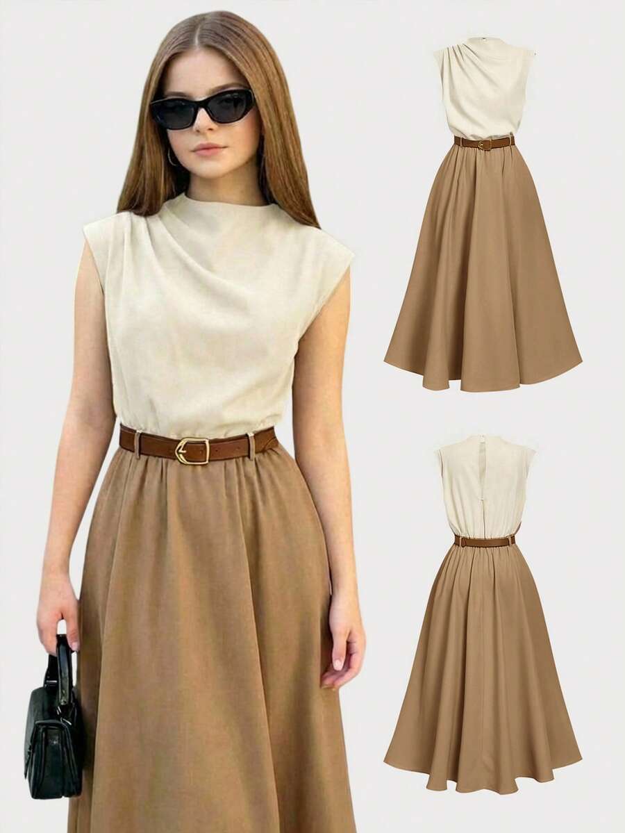 Teen Girl Minimalist Elegant White Mandarin Collar Sleeveless Ruched A-Line Maxi Dress For Daily Commute - Khaki - View 1