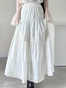 FRIFUL Women's Contrast Lace Maxi Flared Skirt - White - View 9