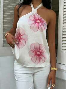 SHEIN EZwear 女士休闲粉色碎花露背吊带背心，适合夏季、海滩、音乐节等场合，可作为舒适的泳装或沙滩装穿着。适合度假季、返校季、大学校园风以及比赛日。 - 彩色 - 查看 5