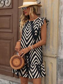 Brillora 女士休闲优雅浪漫沙滩印花宽松圆领连衣裙，女士黑色连衣裙和女士白色连衣裙 - 黑與白 - 查看 6