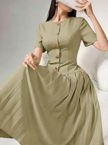 Heiryn Elegant Commuter Asymmetric Pleated Dress For Women - Green - View 1