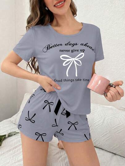 蝴蝶结字母印花短袖短裤睡衣套装