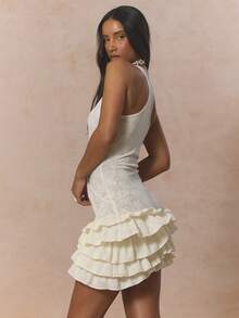 MUSERA Vestido mini ajustado con cuello de barco, detalle de lazo, encaje, volantes escalonados, lindo, primaveral, vacacional, femenino, azúcar y sal, verano - Albaricoque - Ver 4