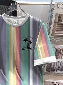 SHEIN Setelan Kasual Modis untuk Liburan Anak Laki-Laki Remaja, Kaos dan Celana Pendek Grafis Garis-Garis Blok Warna, Motif Siluet Pohon Palem, Cocok untuk Musim Panas - MultiWarna - View 3