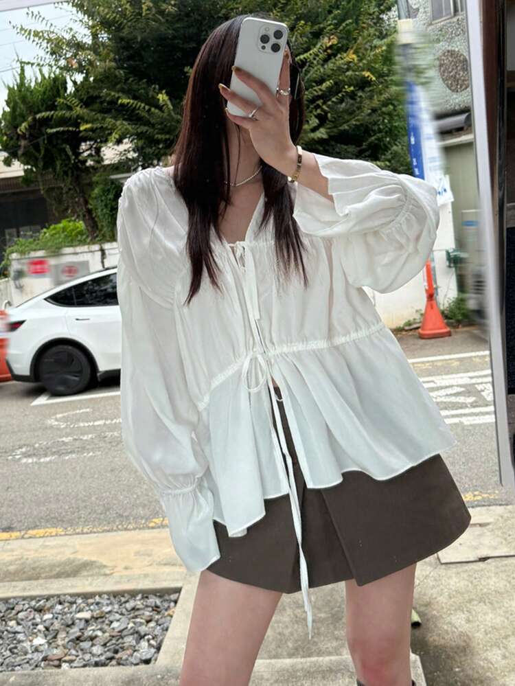 Women's Solid Color Drop Shoulder Long Sleeve Front Tie Ruffle Blouse Summer