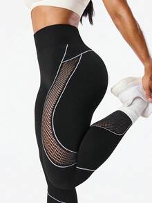 Dewbera 女士无缝瑜伽紧身裤，高腰收腹提臀，网眼设计时尚性感，吸湿排汗，舒适贴合，百搭 - 黑色 - 查看 5