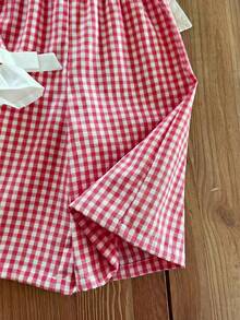 SHEIN LMoss Kids 女宝宝夏季可爱粉白格子荷叶边无袖上衣和松紧腰宽松裤套装 - 玫紅色 - 查看 5