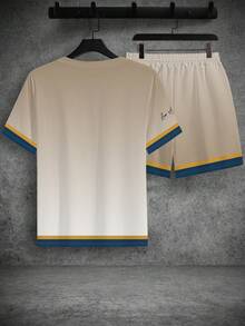 Manfinity RSRT 男士洛杉矶标语棕榈树印花沙滩度假渐变圆领T恤短裤套装，男士休闲假日短袖短裤两件套，春夏款 - 彩色 - 查看 3