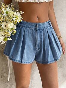 Sunnyshic Quần short denim ống rộng xếp ly thời trang mùa hè dành cho nữ. - Rửa nhẹ - Xem 8
