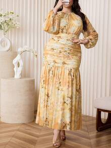Modelyn 大码女式印花褶皱腰身优雅派对连衣裙 - 彩色 - 查看 5