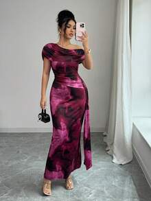 Elenzga Robe longue ajustée à ourlet asymétrique imprimée, multicolore, mode d'été - Multicolore - Voir 1