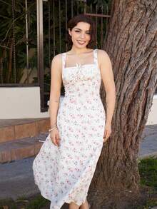 Lupita Cardoza 方领蕾丝前片后褶碎花连衣裙，派对连衣裙，早午餐连衣裙，度假连衣裙，宴会连衣裙，情人节连衣裙，新年连衣裙，海滩度假装 - 紅白色 - 查看 1