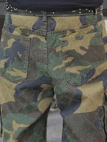 Manfinity EMRG 男士夏季迷彩菱形钩编工装牛仔短裤，宽松阔腿 - 軍綠色 - 查看 6