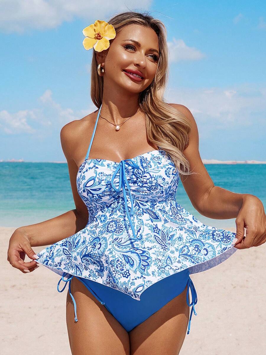 Swim Lushoire Women's White And Blue Floral Tankini Set,Summer Boho Spaghetti Strap Camisole Bikini Top & Triangle Bottoms,Holiday Pool Party Asymmetrical Ruffle - Multicolor - View 1