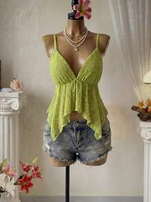 Femesol 女士白色蕾丝细肩带上衣，下摆不对称，夏季 - 綠色 - 查看 8