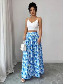 Elenzga Romantic Floral Print High Waist Pleated A-Line Maxi Skirt, Elegant Casual Vacation Dress, Fashion Blue Printed Long Skirt - Blue - View 5